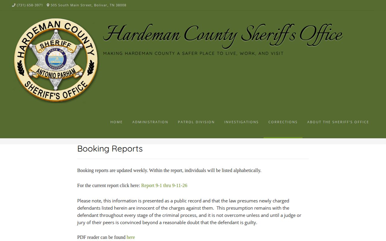 Hardeman County recent arrest booking reports page
