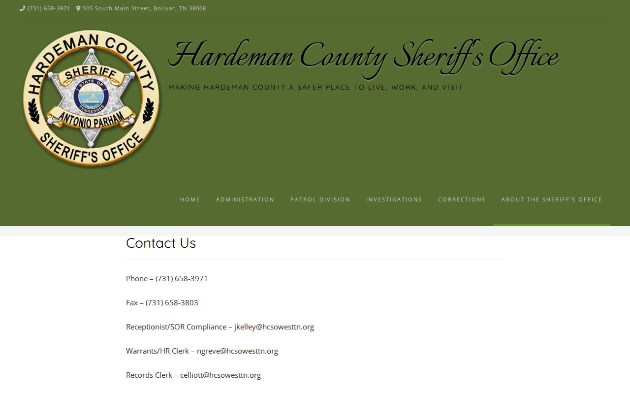 Hardeman County Sheriff arrest records contact page